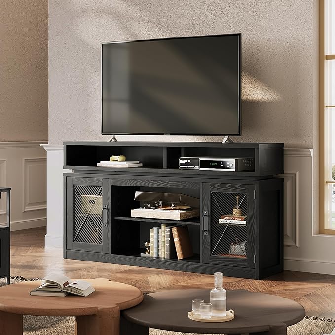 WLIVE Farmhouse TV Stand for TVs Up to 65 Inches, Tall Entertainment Center with Storage Cabinets & LED Lights, Media Console for Living Room, Bedroom, Home Theater, Black