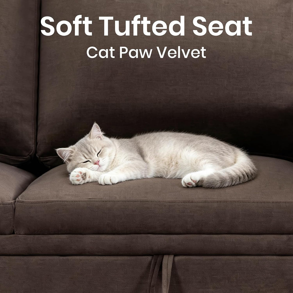81" Modular Sectional Sleeper Sofa with Pull Out Bed, L Shaped Couch with Storage Chaise & Side Table, Waterproof Pet-Friendly Cat Paw Velvet for Living Room, Tool-Free Assembly(5 Seat Brown)