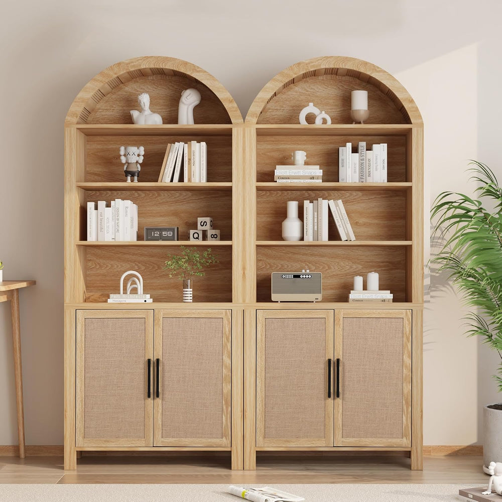 Janmer Home 71" Tall Boho Rattan Arched Bookcase with Doors, Natural