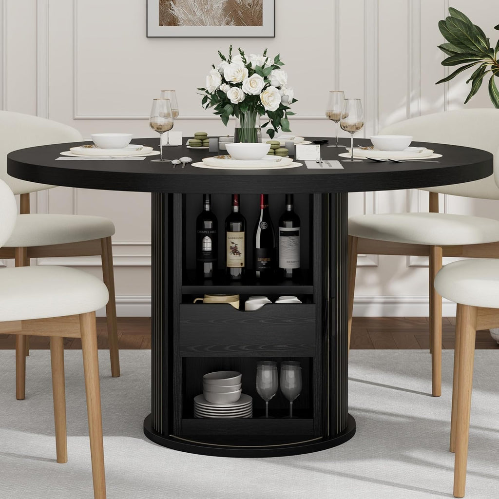 IDEALHOUSE 47" Round Dining Table for 4-6, Modern Farmhouse Kitchen Table | Wooden Accent Furniture with 2-Layer Storage Shelf & Drawer, Circle Dining Tables with Fluted Pedestal Base, Black