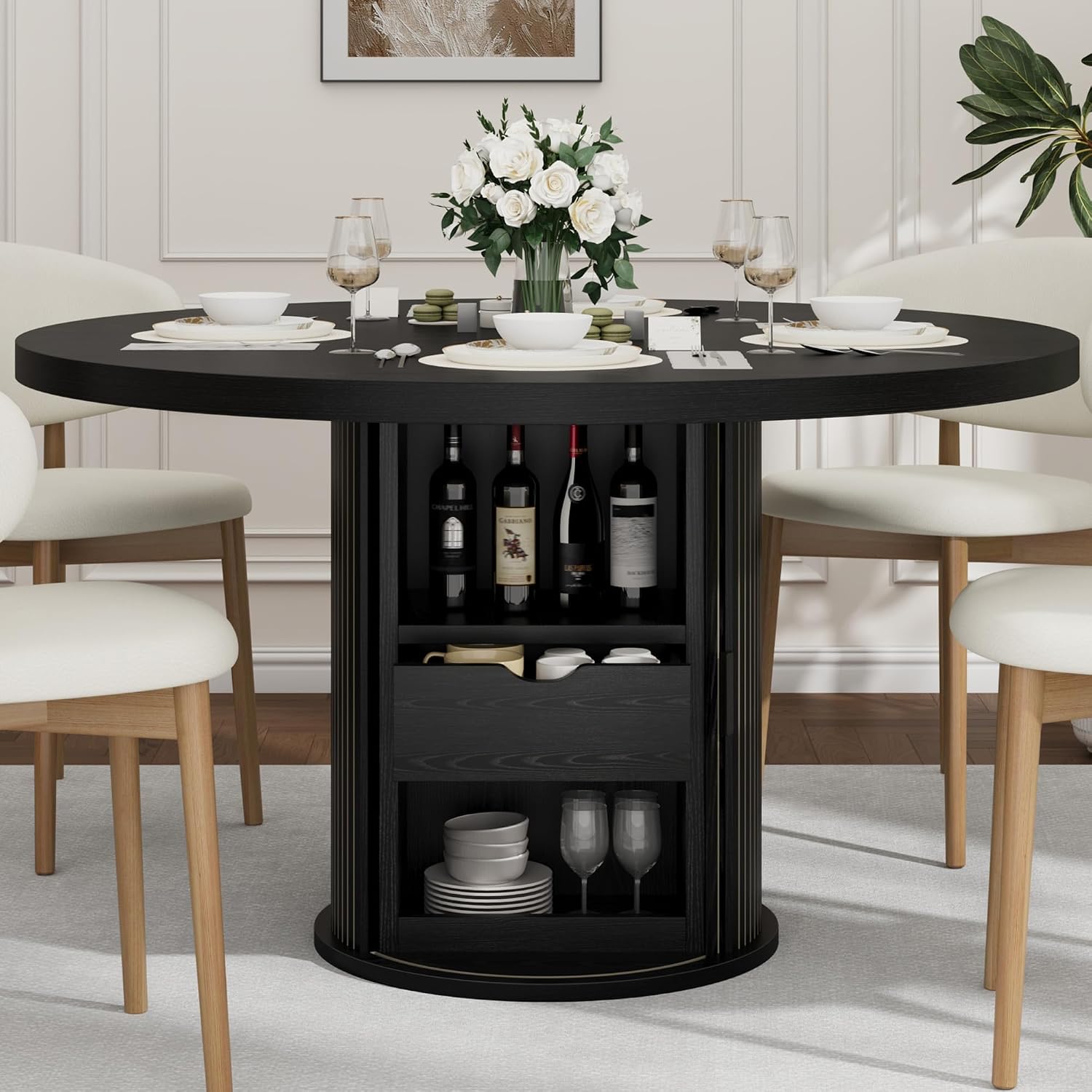 IDEALHOUSE 47" Round Dining Table for 4-6, Modern Farmhouse Kitchen Table | Wooden Accent Furniture with 2-Layer Storage Shelf & Drawer, Circle Dining Tables with Fluted Pedestal Base, Black