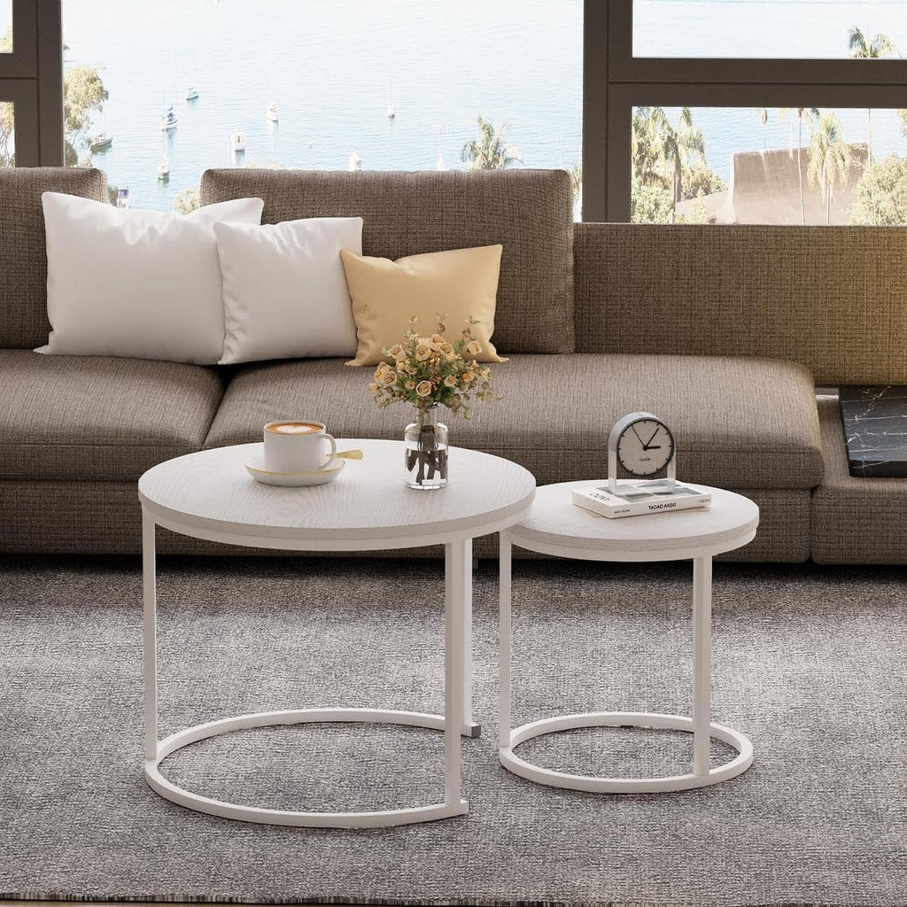 Garden 4 you Nesting Coffee Table, 23.6" Round Coffee Table Set of 2, Wooden Nesting Table Set with Metal Frame, Side Tables for Living Room Bedroom Balcony, White