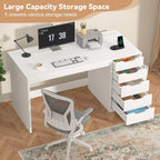 YOMILUVE 47 Inch Computer Desk with 5 Drawers and Power Outlets, Home Office Desks with Storage File Cabinet, Modern Simple Laptop Desk Writing Table for Small Spaces, White