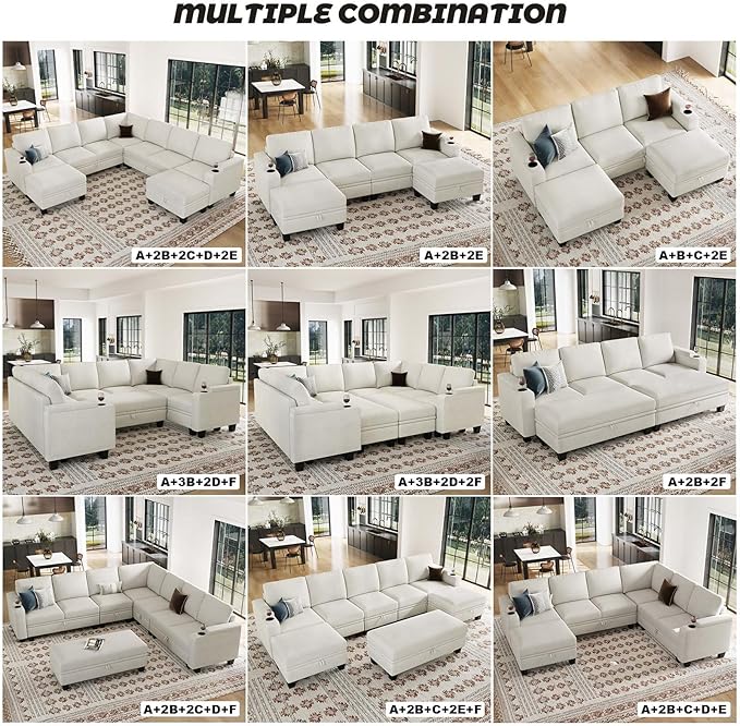 Belffin Chenille Modular Sectional Sofa Convertible L Shaped Corner Couches for Living Room with Storage Armrest with Cup Holder White Couch
