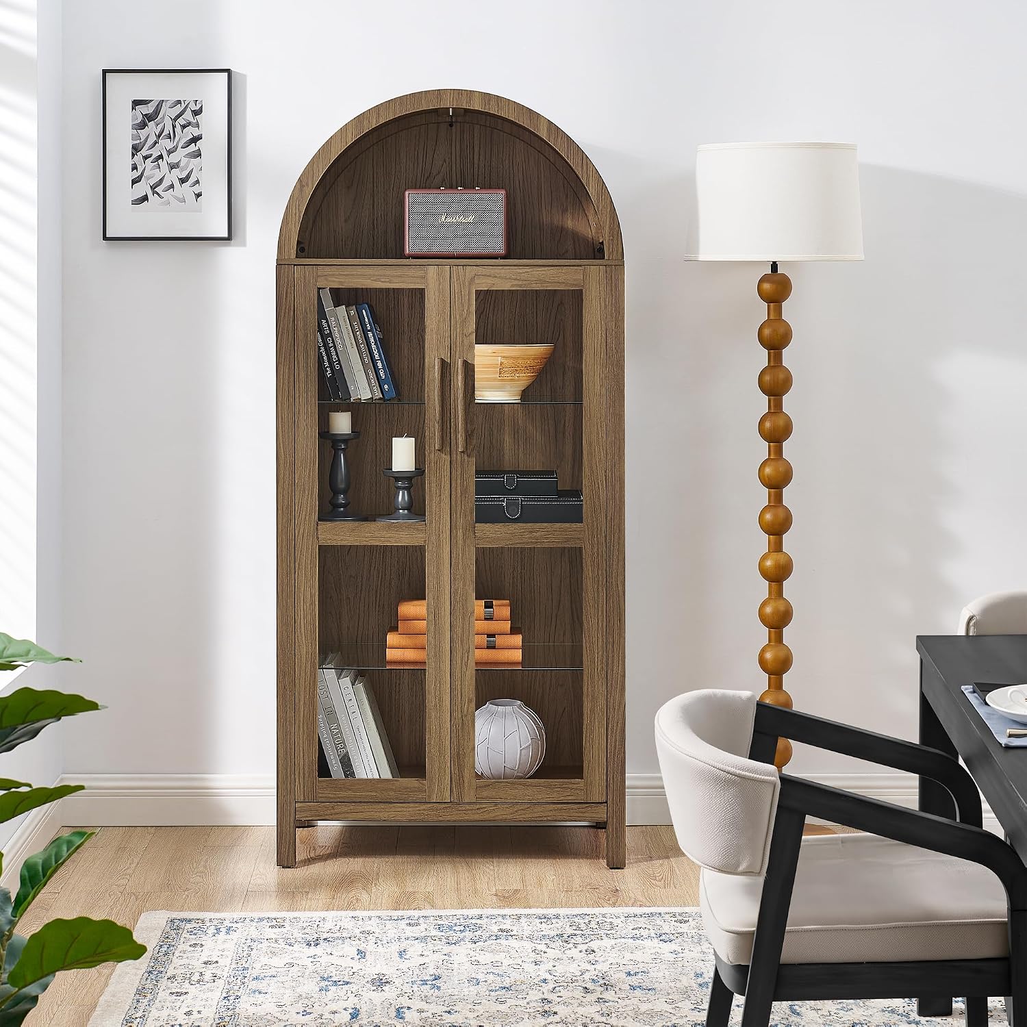 JIJIWANG Tall Wooden Arched Cabinet,LED Arched Kitchen Pantry Cabinet with Doors & Shelves,Modern Retro-Style Wooden Storage Cabinets with Adjustable Glass Partitions for Dining Room,Brown