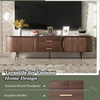 Ball & Cast Mid-Century Modern TV Stand for 80", Media Console with Sliding Doors, 2 Drawers & Solid Wood Legs, Waterproof Wood Grain Entertainment Center w/Storage for Living Room/Bedroom,Dark Brown