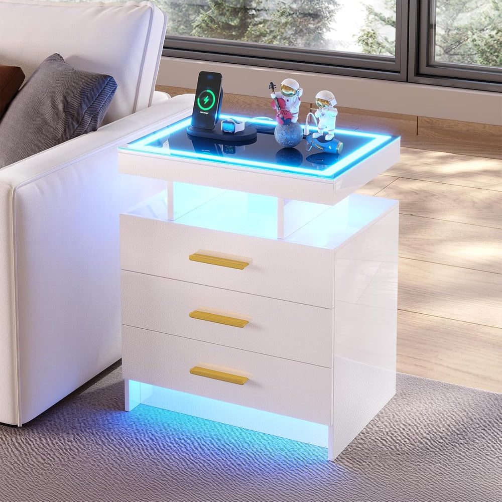 HNEBC LED Nightstand with 3 Color Motion Sensor Lights for Bedroom,White | Sm...