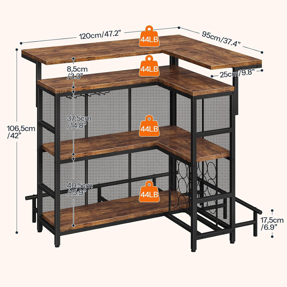 HOOBRO Home Bar Unit, L-Shaped Bar Table with Glasses Holder & 4-Tier She...