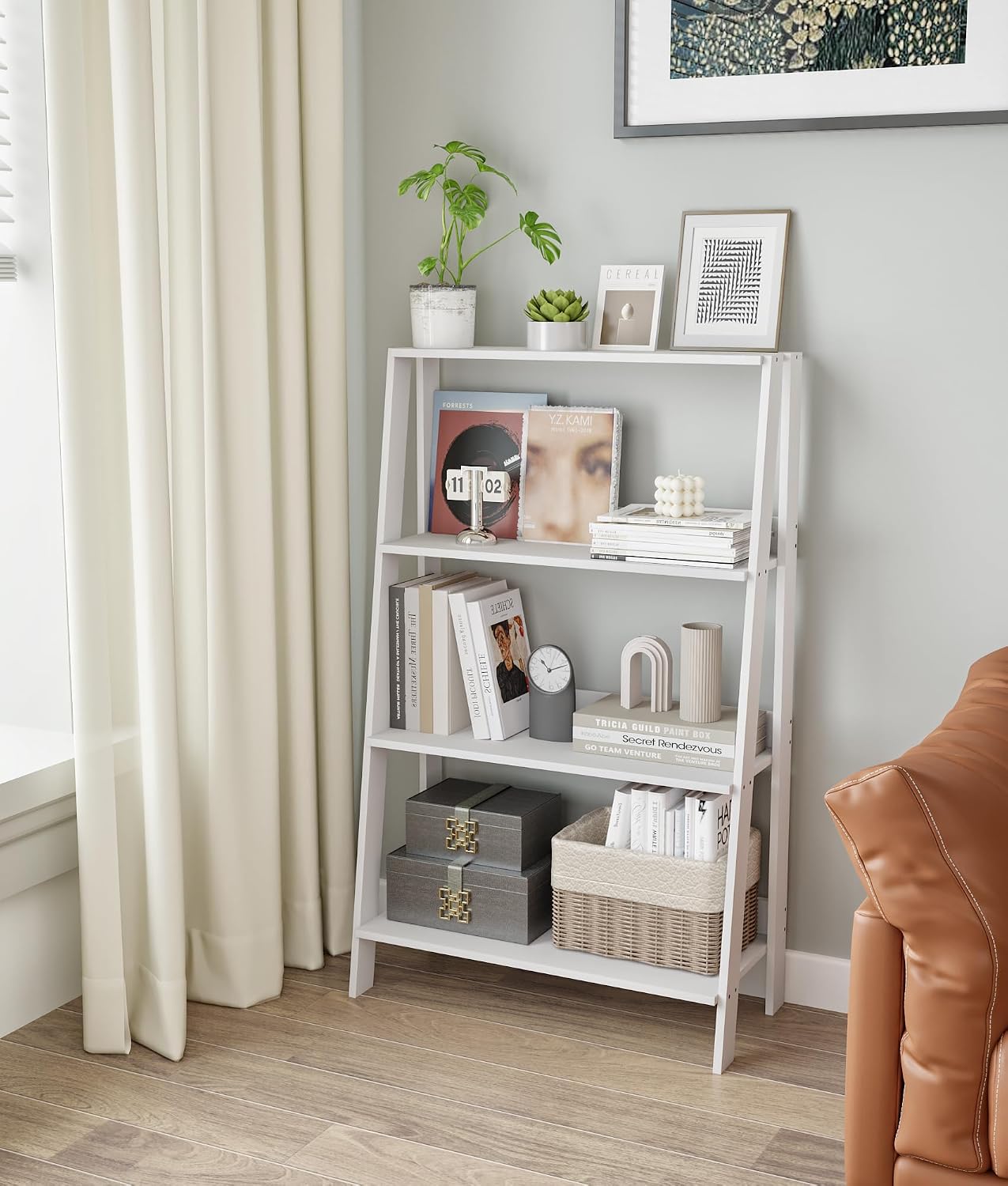 4 Tier Ladder Bookshelf for Storage, Bathroom Ladder Shelf Shelves, Freestanding Display Stand for Living Room, Kitchen, Bedroom, Balcony, White