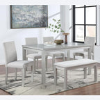 KEIKI 6-Piece Standard Height Dining Table Set with Rectangular Table, 4 Upholstered Chair, Bench, for 6 Person, Crystal Decoration Table Set, Easy Assembly, for Kitchen, Dining Room, Silver Grey