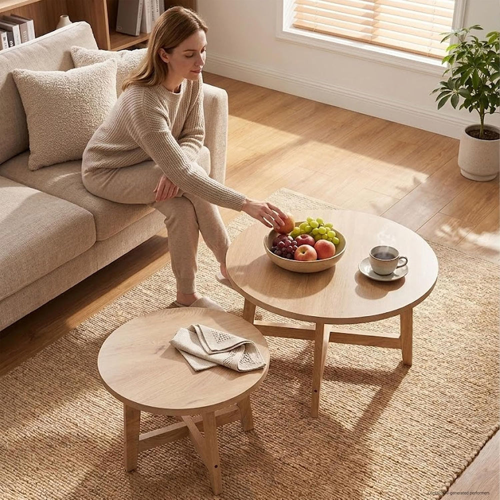 Round Nesting Tables Set of 2, Modern Coffee Table for Living Room (Natural)