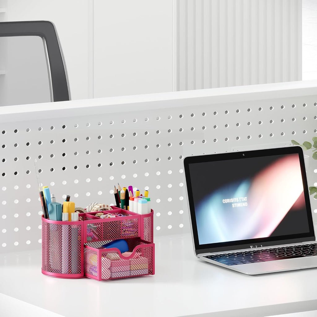 EasyPAG Mesh Pen Holder Desk Organizer with Drawer Stationery Supplies Organizer for Dorm School 9 Compartments Workspace Desk Accessories Organization for Office, Hot Pink
