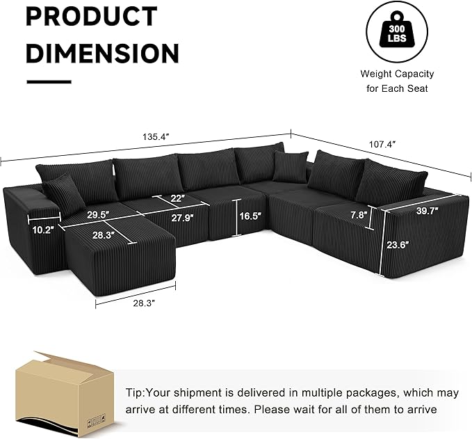 Cloud Couch Sectional, Modular Sofa with Deep Seat, Convertible Sectional Couches for Living Room, Plush Corduroy U Shaped Boneless Couch (Black, 6 Seater & 1 Ottoman)