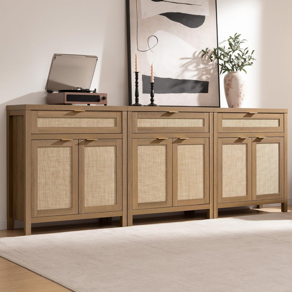 SICOTAS Sideboard Buffet Cabinet Set of 3, Rattan Credenza Storage Cabinet