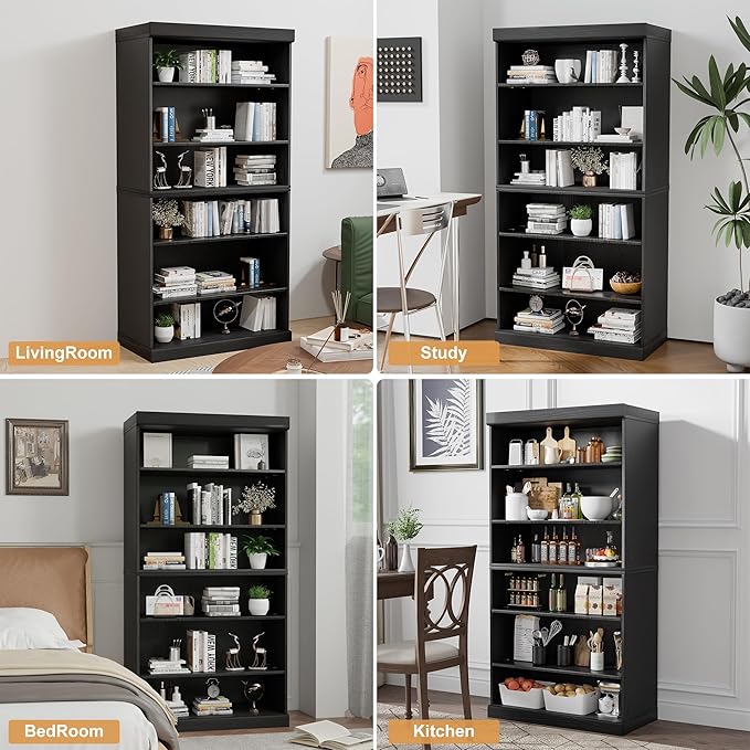Casaphoria 62" Wooden Book Shelf, 6-Tier Bookcase, Open Bookshelf with Wide Storage Shelves for Home Office, Black
