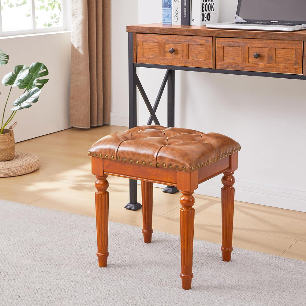 Microfiber Leather Vanity Stool for Makeup,Solid Wood Carvied Vanity Bench Se...