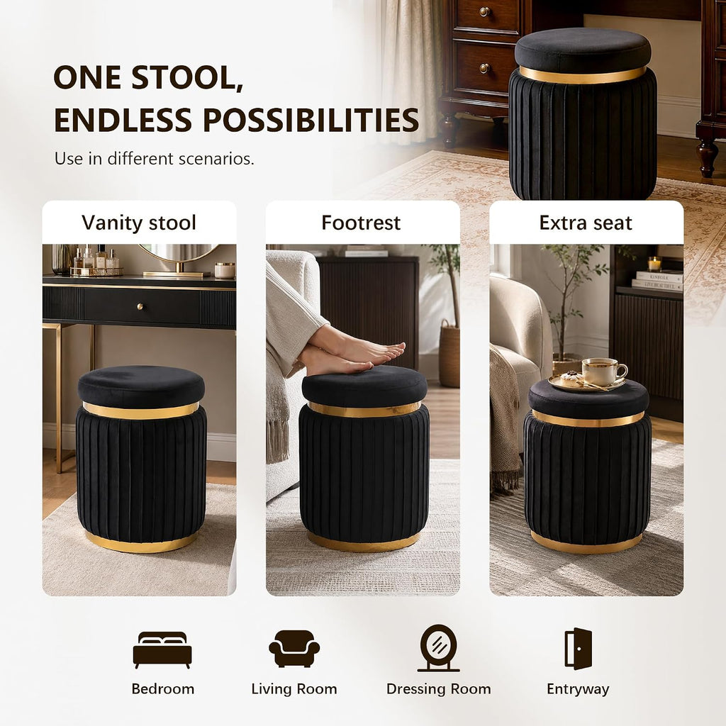 Round Vanity Stool Ottoman, Black | Velvet Upholstered, Small Foot Stool with Gold Trim, Stainless Steel Base, For Bedroom, Living Room, Entryway