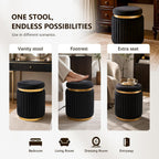 Round Vanity Stool Ottoman, Black | Velvet Upholstered, Small Foot Stool with Gold Trim, Stainless Steel Base, For Bedroom, Living Room, Entryway