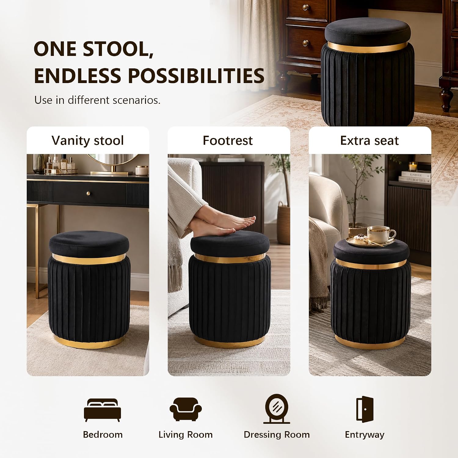 Round Vanity Stool Ottoman, Black | Velvet Upholstered, Small Foot Stool with Gold Trim, Stainless Steel Base, For Bedroom, Living Room, Entryway