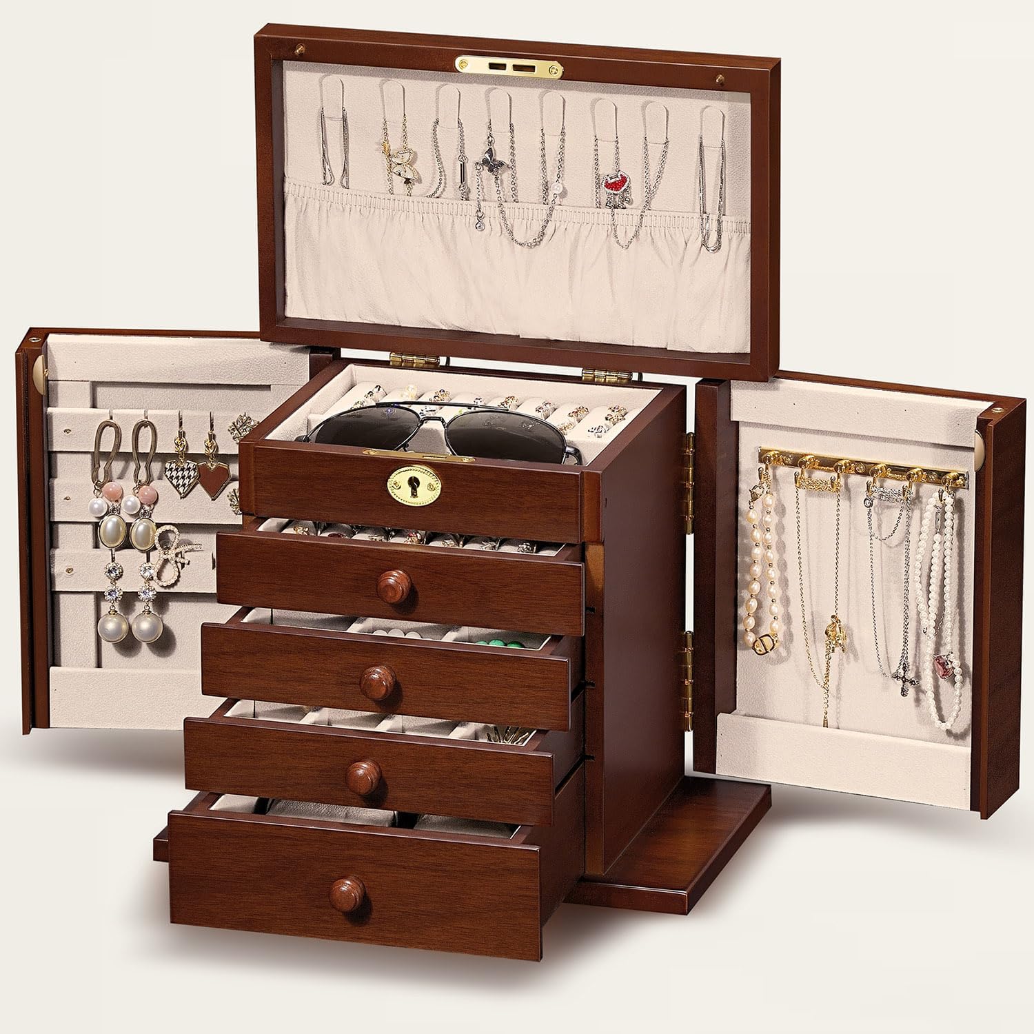 wooden Jewelry Box and Organizer - 8-Layer Lockable Wooden Jewelry Boxes for Women - Large Jewelry Boxes and Organizer with Key,Gift for Wife,dresser top jewelry box with lock
