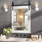Hasipu Farmhouse Bathroom Mirror, 22"x30" Rustic Wood Framed Wall Mounted Mirror, White Vintage Vanity Mirror Barn Door Style Decrative Mirrors
