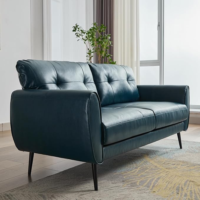 TYBOATLE Sofa Couch 61" Small Loveseat Couches for Living Room Blue Leather Couch Mid Century Modern Tufted Mini Sofa Comfy Office 2 Seat Settee Love Seat for Small Spaces Bedroom