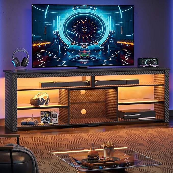 Bestier Tall TV Stand for 75 inch TV, LED Entertainment Center, Gaming TV Console with Storage for PS5, Modern TV Cabinet for Bedroom, Living Room, Black Carbon Fiber