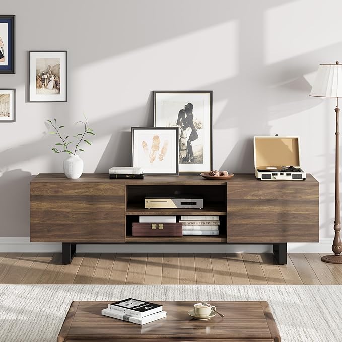 GarveeHome Industrial TV Stand for 80 in, Modern Entertainment Center with 2 Drawers, Wooden Media Cabinet with Heavy Duty Leg and Open Storage, TV Console Table for Living Room, Walnut