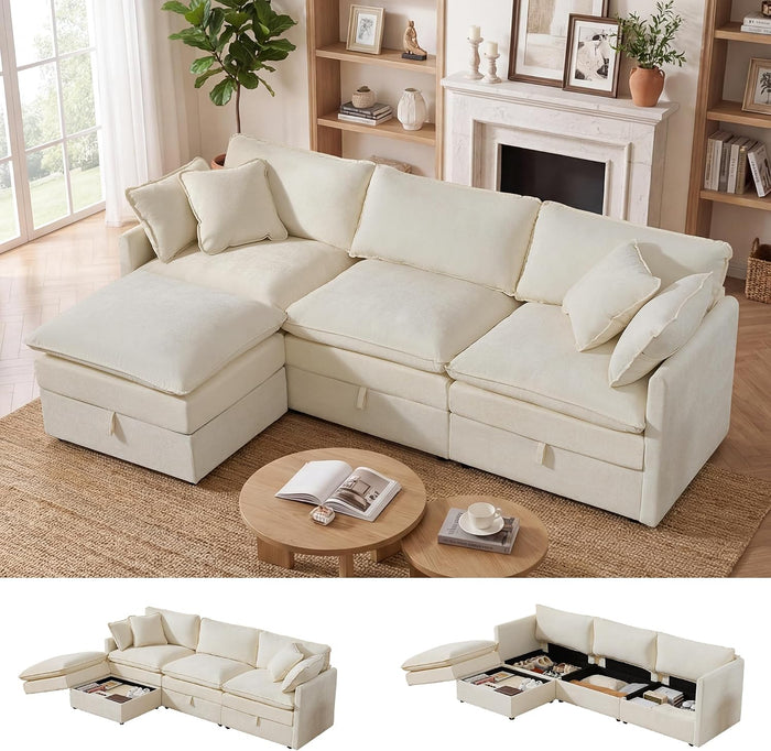 WorthFurni Modular Sectional Sofa with Storage Ottomans,103" L-Shaped Cloud Couch,Comfy Modern Couches with Pillows & Upholstered Deep Seat Cushion for Apartment Living Room Bedroom（Beige）