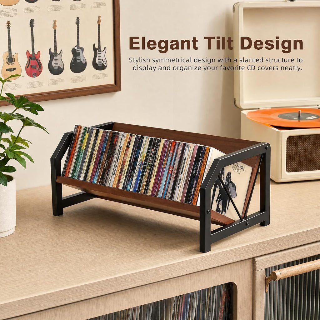 CD Holder Rack, Tilting DVD Storage Shelf for Tower Small Space | Store Up to 38 CDs and 30 DVDs, Desktop Bookshelf Organizer, Easy Acess, Sturdy Metal & Wood Construction, Portable Angle