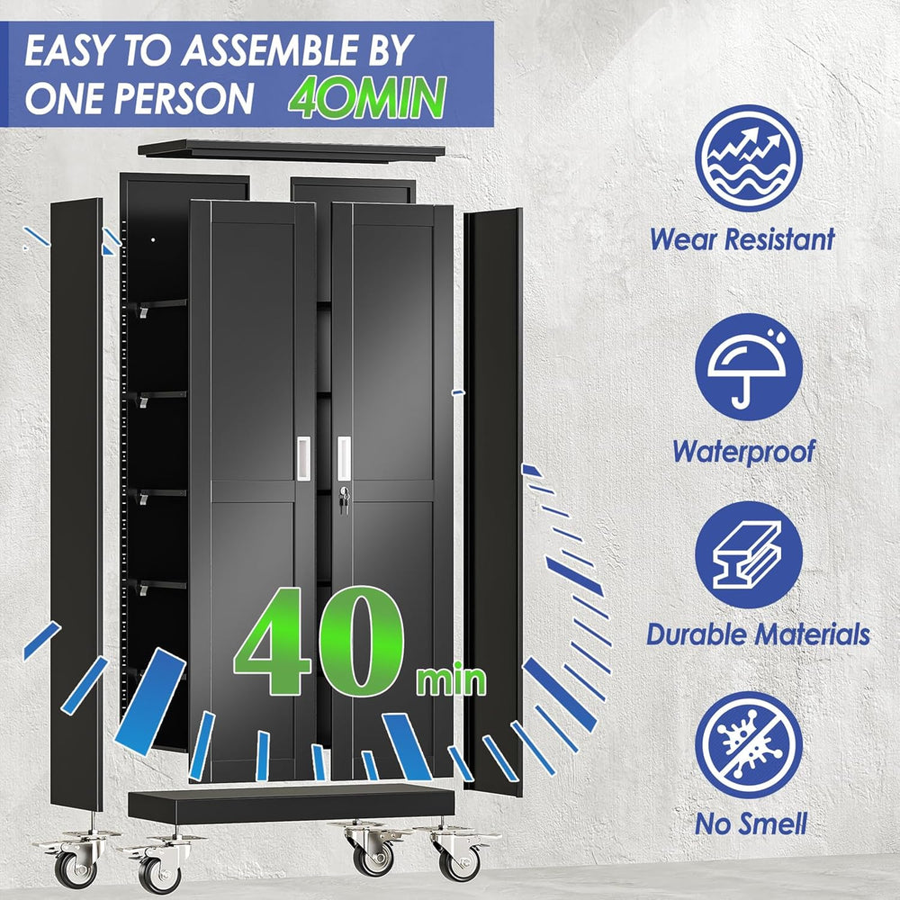 71" Metal Garage Storage Cabinet with Wheels and Locking Doors and Tall ...