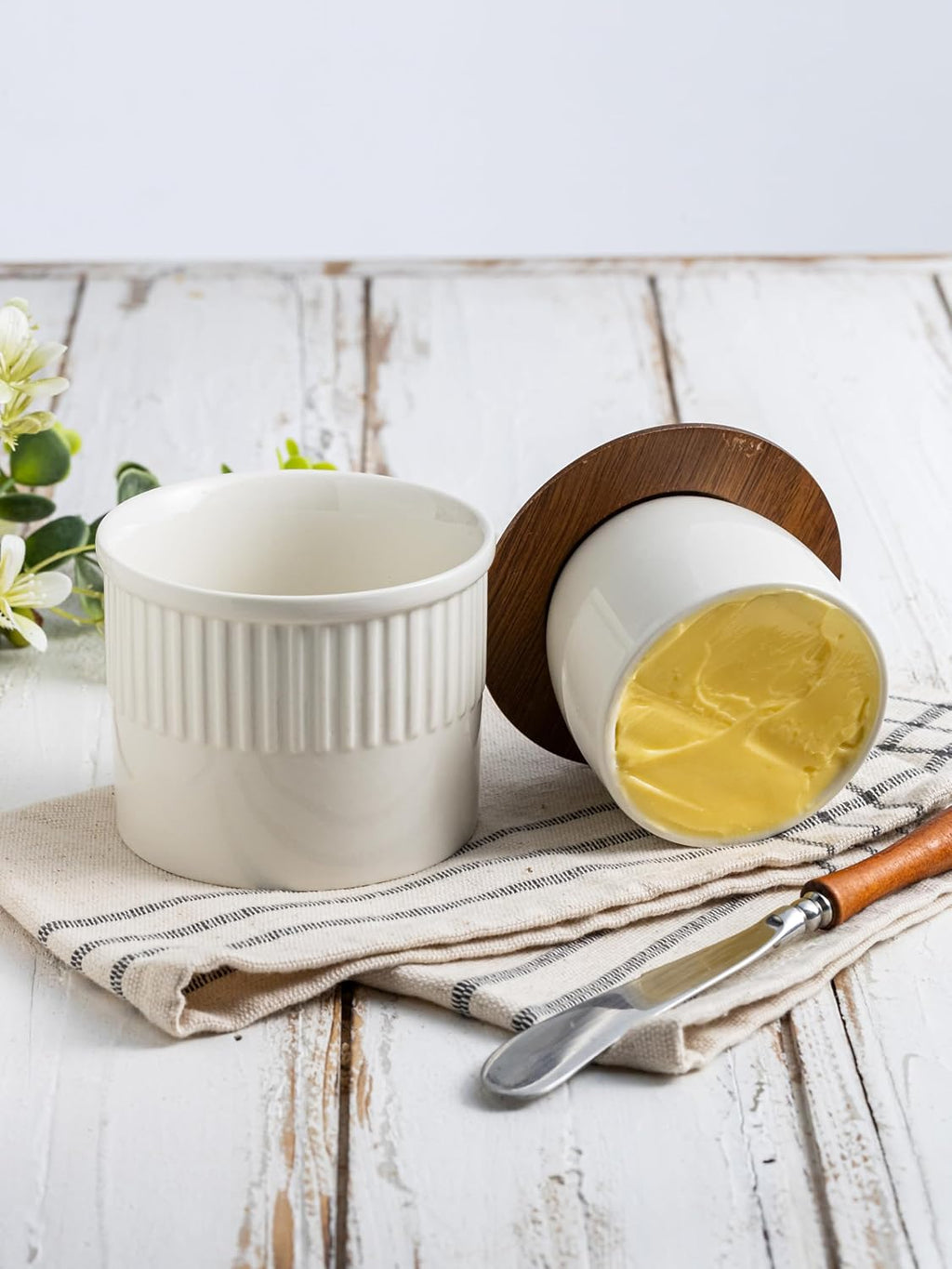 Ceramic Butter Crock, Butter Dish with Lid for Countertop, French Butter Keeper, Classic Stripe Pattern, White
