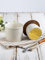 Ceramic Butter Crock, Butter Dish with Lid for Countertop, French Butter Keeper, Classic Stripe Pattern, White