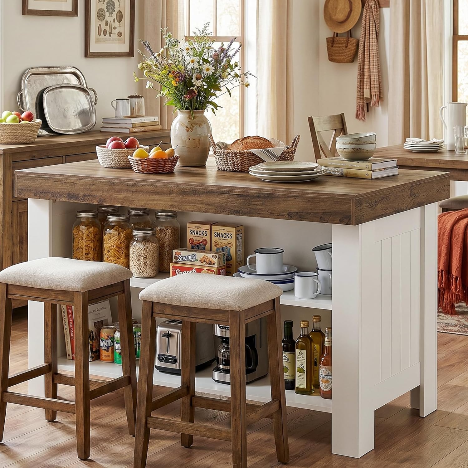 Tribesigns 55-Inch Kitchen Island with Seating and Storage, Farmhouse Wooden Stationary Island Table with Large Worktop & Leg Room, with Storage Shelves for Kitchen, Dining
