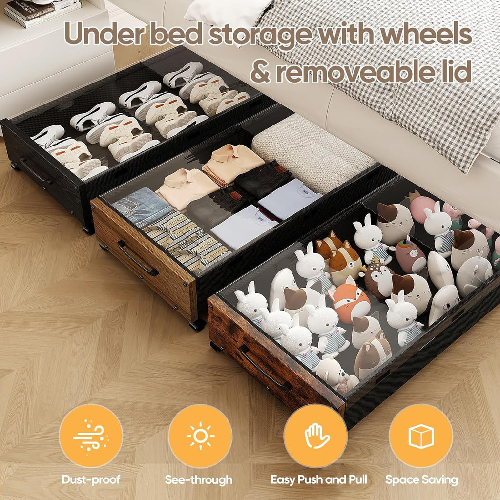Under Bed Storage Containers with Wheels, Extra Large Wooden Underbed Shoes Organizer 2 Packs, Rolling Under the Bed Storage Drawers with Clear Lid, Heavy Duty Metal Frame for Clothes 36"L (Walnut)