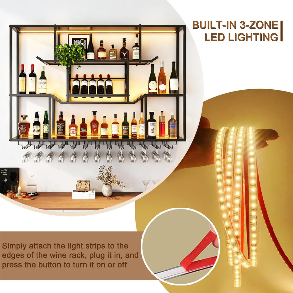 63-inch LED Wall Wine Rack, Modern Metal Display Rack for Bar | With 3 floati...