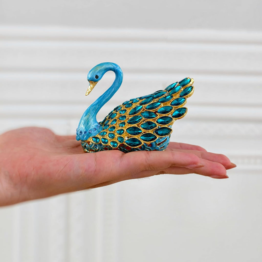 3.7-inch Blue Swan Figurine Jewelry Trinket Box, Enamel Hand-painted Swan Box with Gems, Hinged Jewelry Boxes - Ring Holder, Organizer, Home Decor, Wedding Favor Gift