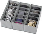 3 Packs Fabric Belt Organizer for Closet and Drawer, Foldable 6 Grids Dresser Drawer Organizers, Belt Tie Holder, Tie Box-Grey