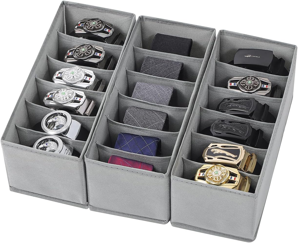 3 Packs Fabric Belt Organizer for Closet and Drawer, Foldable 6 Grids Dresser Drawer Organizers, Belt Tie Holder, Tie Box-Grey