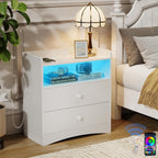 Nightstand with Charging Station and LED Light,Modern Nightstand with USB Ports and Outlets,Wood Bedside Tables with 2 Storage Drawers,Small Dresser for Bedroom Small Space,White