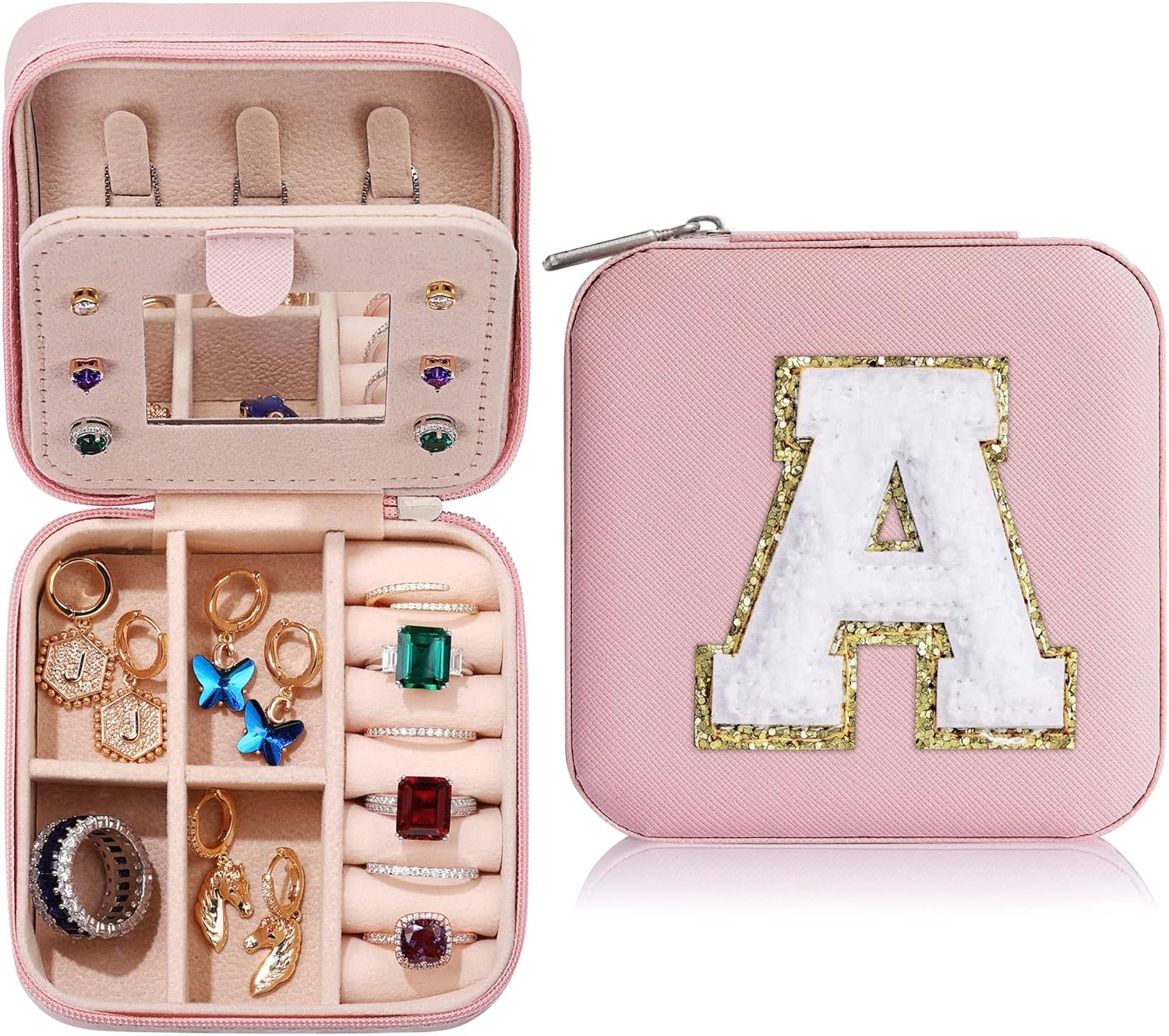 Parima Christmas Stocking Stuffers Gifts for Teenage Girls Kids Grandkids, Gifts for 5 6 7 8 9 10 11 12 13 14 15 Year Old Girls, Travel Jewelry Case Small Jewelry Box | Letter A, Pink