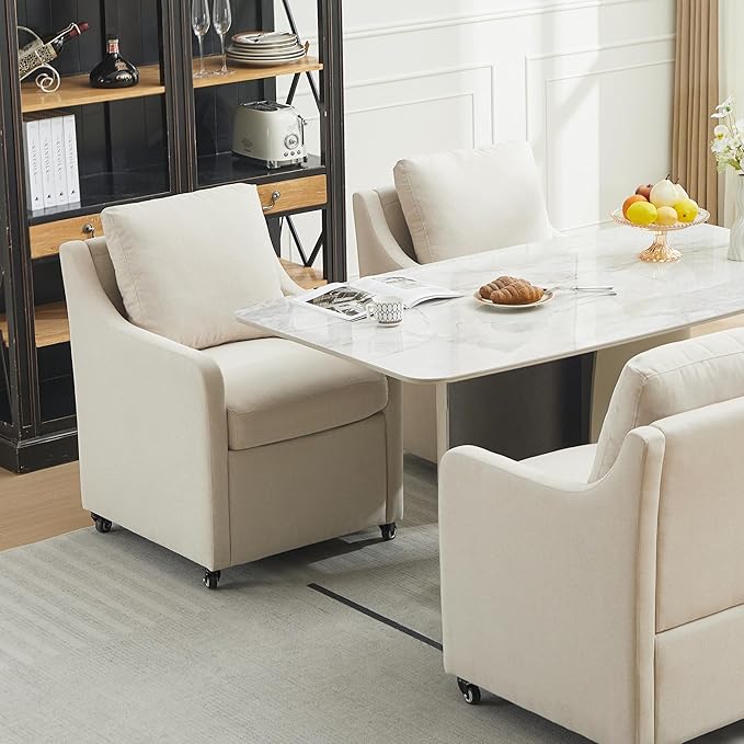 Rolling Dining Chair with Wheels, Upholstered Modern Single Armchair with Casters for Kitchen (4, Fabric Beige)