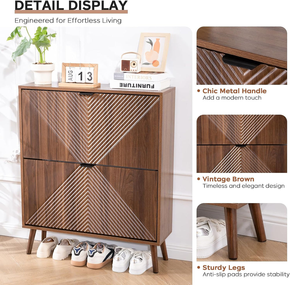Shoe Cabinet Storage, Farmhouse Freestanding Organizer with 2 Flip Drawers