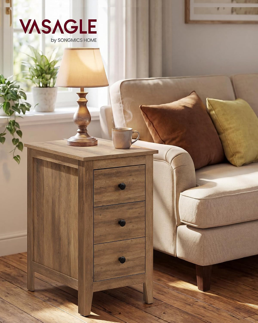VASAGLE LIRY Collection-Farmhouse Nightstand with 3 Drawers, Slim Side End Ta...
