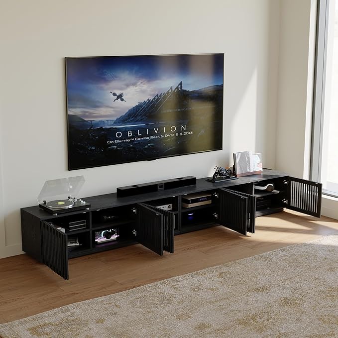 POVISON Full Assembled Mid Century Modern TV Stand, 118” Extra-Large Entertainment Center for 100 inch TV, Wood Slatted TV Media Console with Storage for Living Room Bedroom