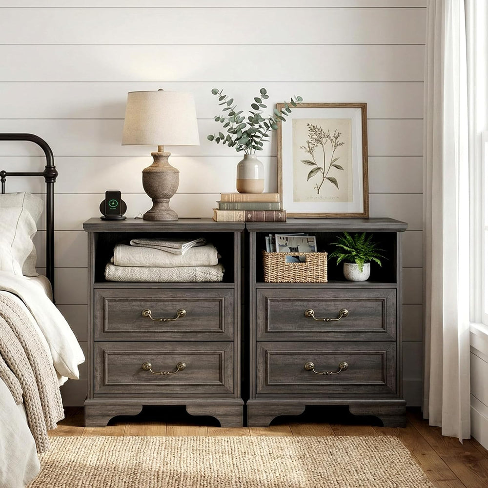 Farmhouse End Table Set of 2, Rustic Wood Nightstand with Charging Station, 2...
