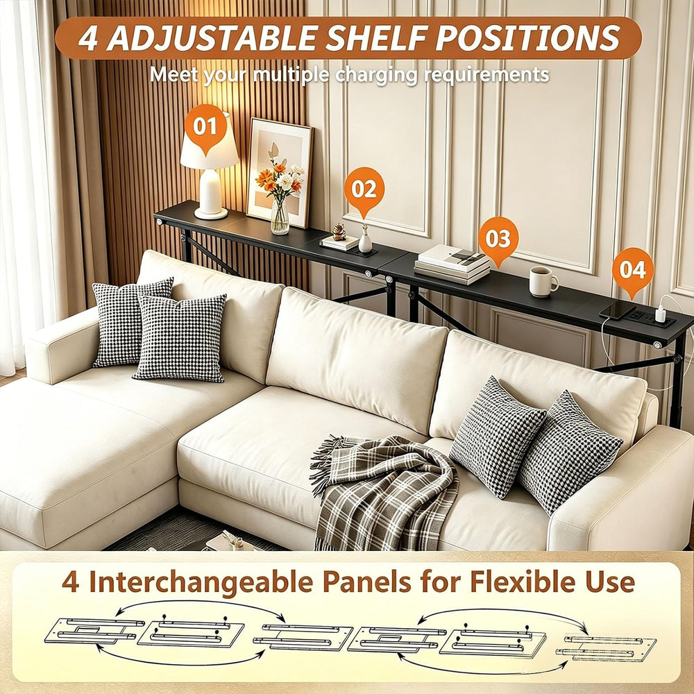 Adjustable Behind Couch Table with Outlets, Black