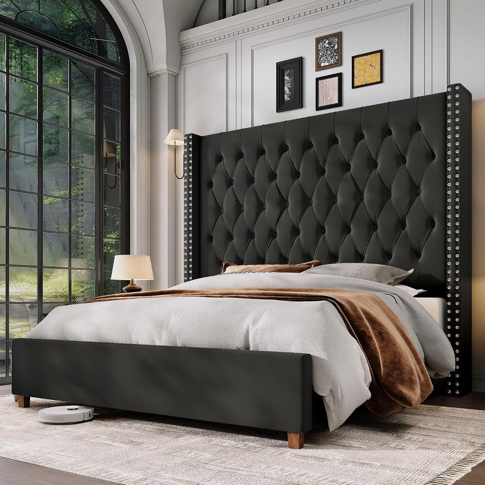 Jocisland Queen Bed Frame 61.4" Tall Headboard Velvet upholstered,Black