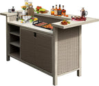 Domi Patio Bar Table, Outdoor Aluminum PE Wicker Bar Cart with Cabinet, All Weather Use Storage Patio Cabinet for Patio Kitchen or Bar Cart, Wood Grain