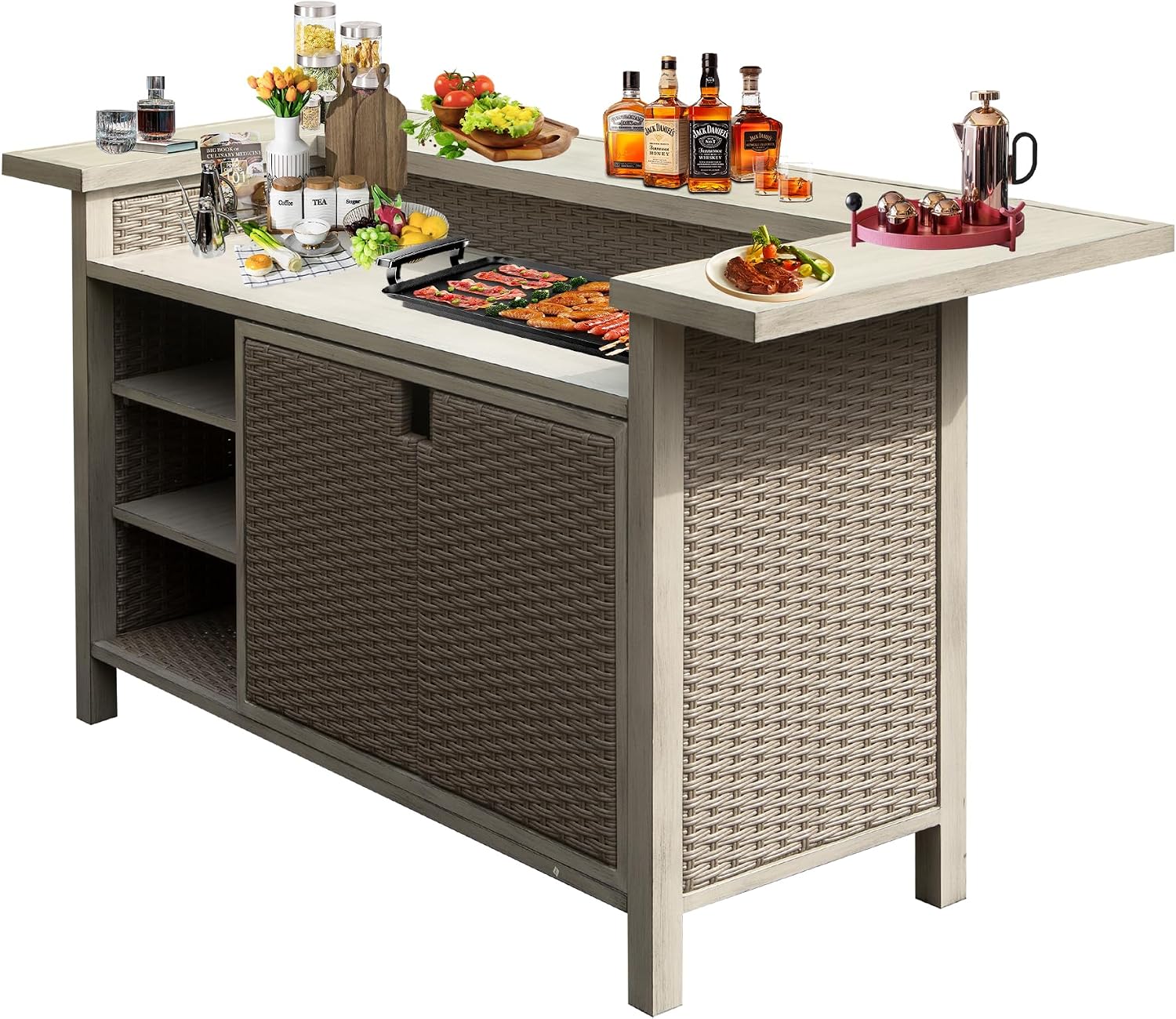 Domi Patio Bar Table, Outdoor Aluminum PE Wicker Bar Cart with Cabinet, All Weather Use Storage Patio Cabinet for Patio Kitchen or Bar Cart, Wood Grain